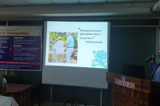 The main speaker, Assit. Prof. Dr. Mriganka Bhattacharjee presented his slides at the Seminar on Don't Bend to Osteoporosis